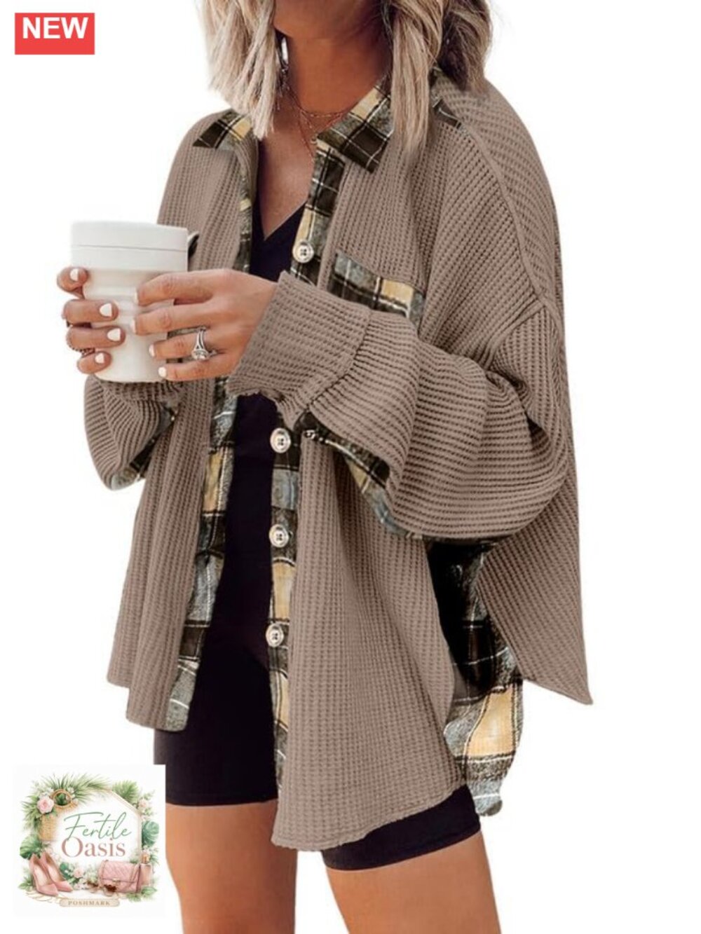 Womens Waffle Knit Plaid Shacket Lightweight Jacket Button Down Flannel Long